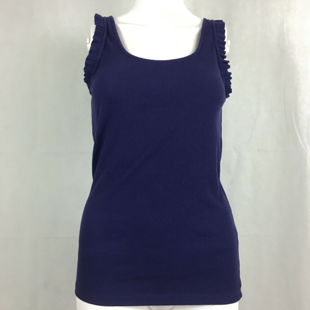 J. Crew Tank Top Womens Sz S Purple Cotton Stretch‎ Rib Knit Ruffle Trim